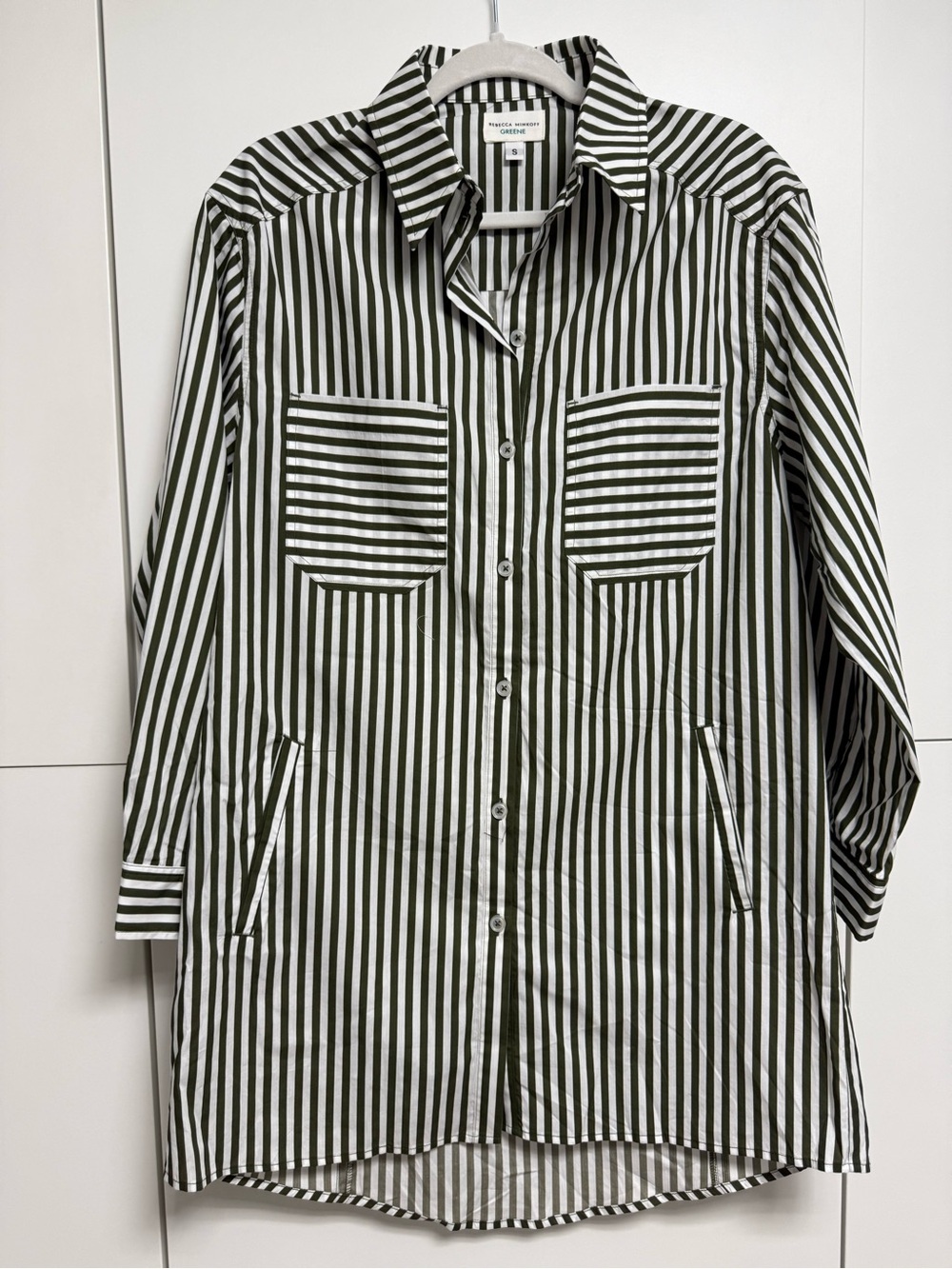 Striped Long Shirt Jacket in Olive and White